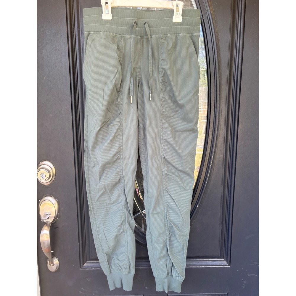 Lululemon Beyond the Studio Jogger Sage Green Pinstripe Ruched Pants Womens SZ 6